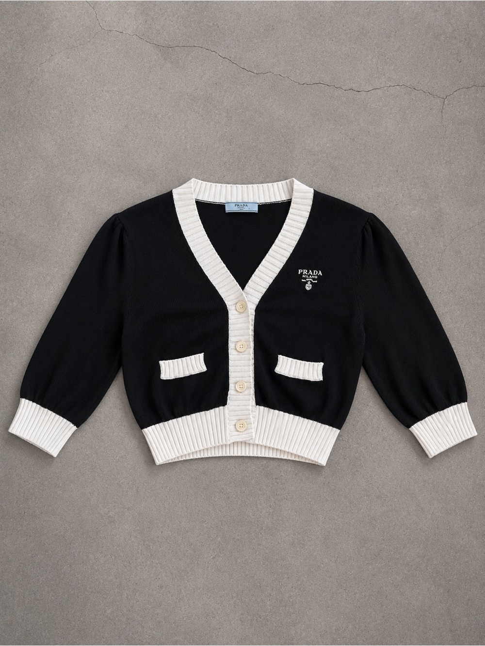 Prada Black and White V-Neck Cardigan Sweater